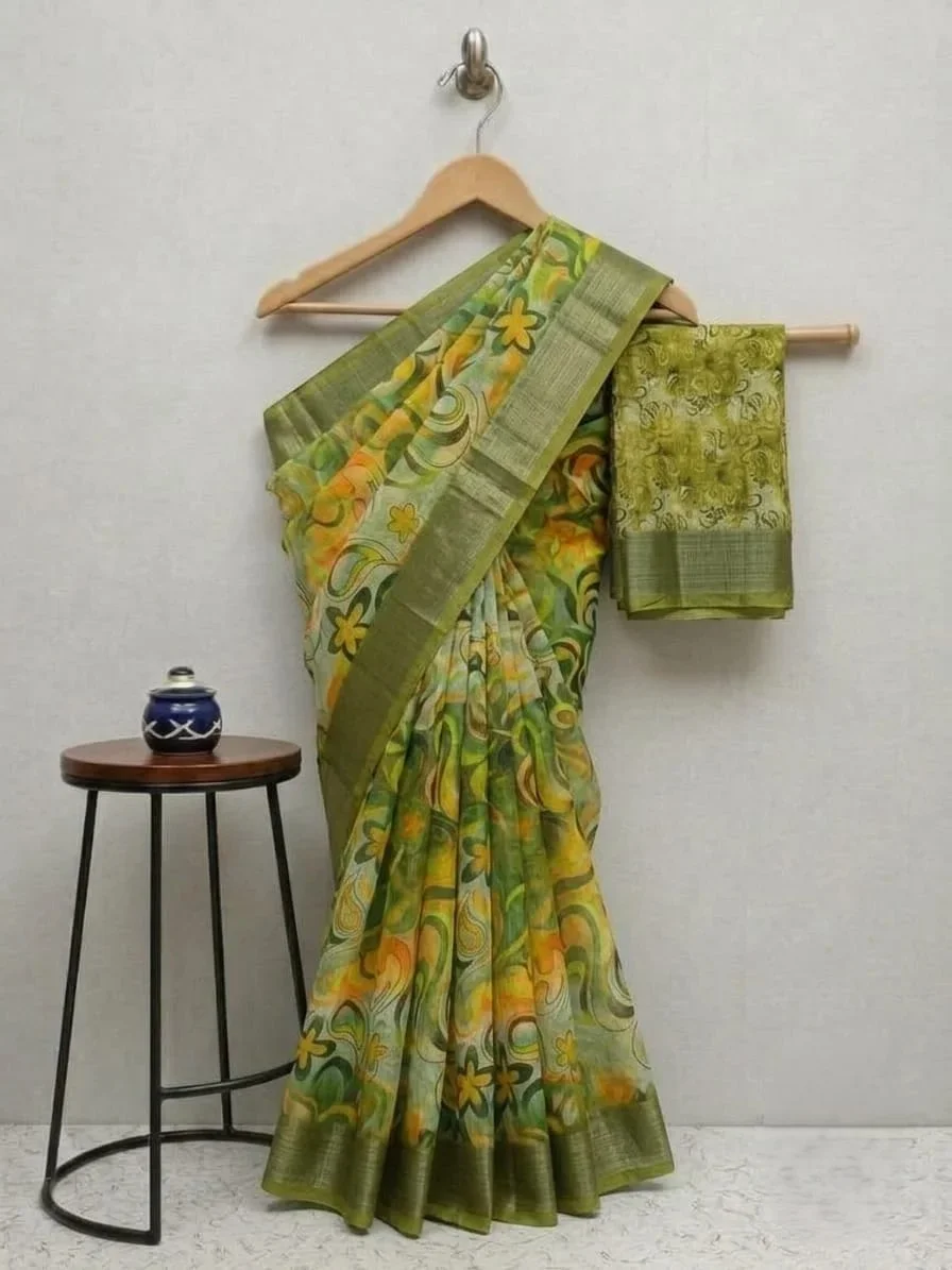 Moss Green Handloom Linen Cotton Saree